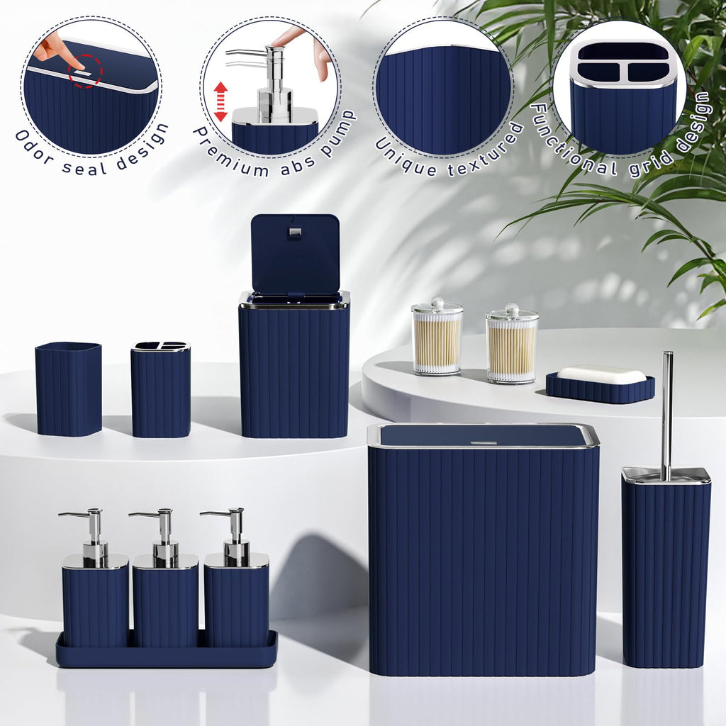 InnJoey Bathroom Accessory Set - Bathroom Set, 27PC Bathroom Accessories Set, Navy Blue Bathroom Sets with Shower Curtain and Rugs, Mini Trash Can, Toilet Brush, Trash Can & Soap Dispenser