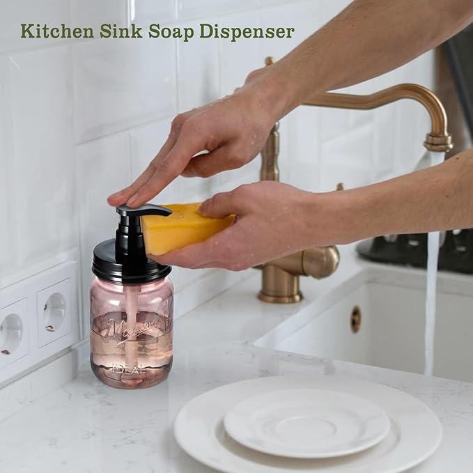 Amolliar 16 Oz Plastic Soap Dispenser, Refillable Hand Dish Soap Dispenser - Vintage Rose Bottle with Black Pump Lids, for Farmhouse Bathroom Kitchen, Includes 2 Extra Pump & Waterproof Label (2 Pack)