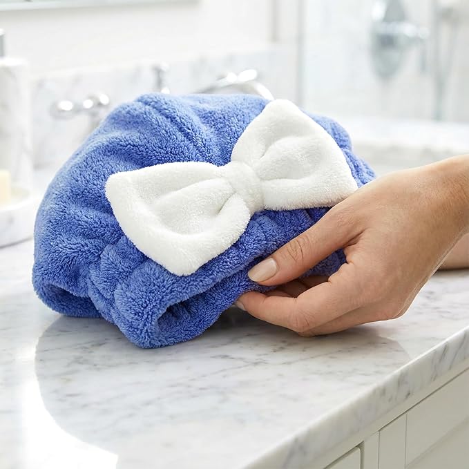 YALOJE 2 Pcs Hair Towel Wrap for Women, Microfiber Quick-Drying Hair Towel, Super Absorbent Soft Towel Wrap for Wet Hair Caps with Bow for Women Bathroom Bag- Pink, Blue