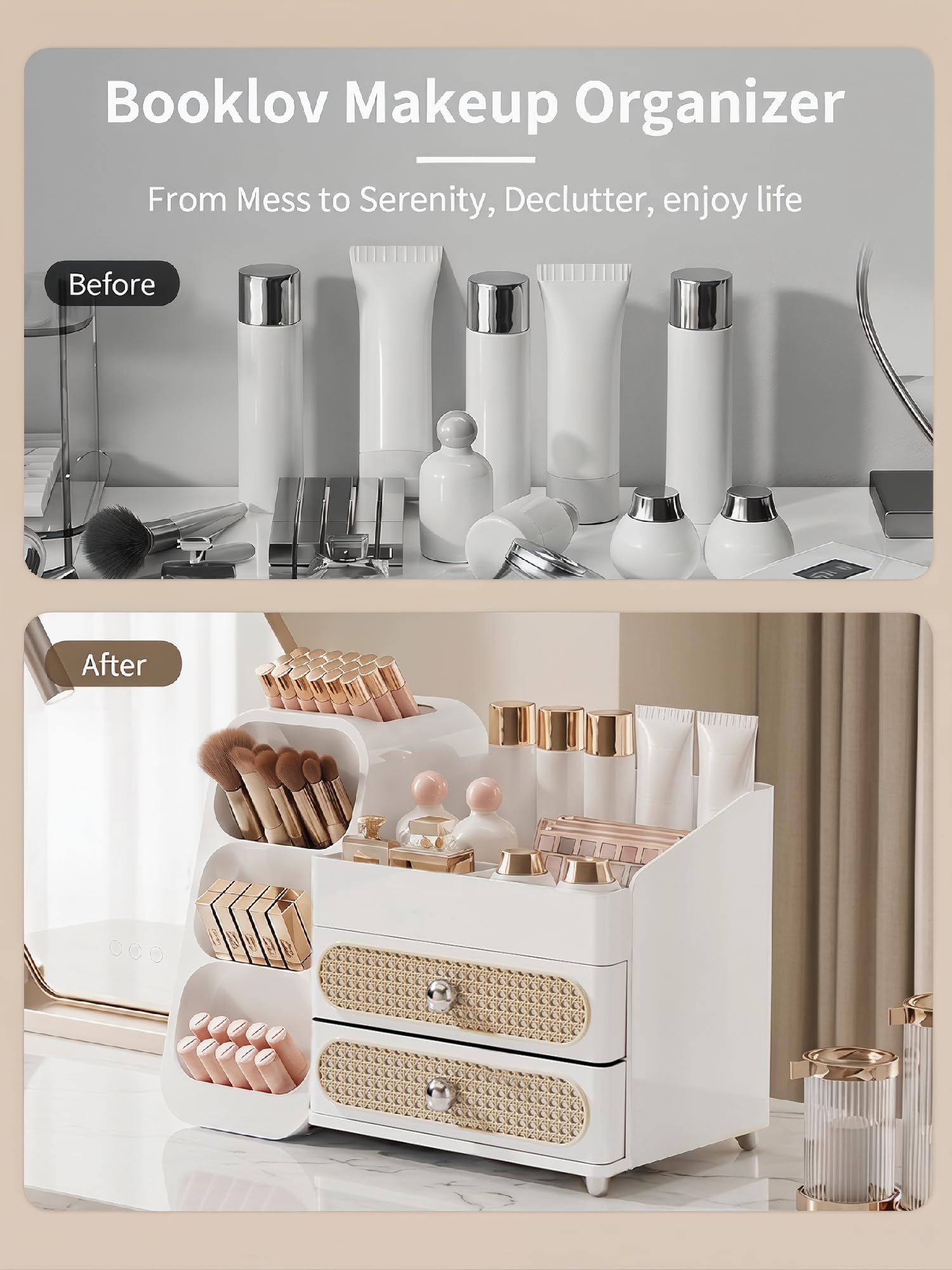 Booklov Large Makeup Organizer for Vanity Countertop, White