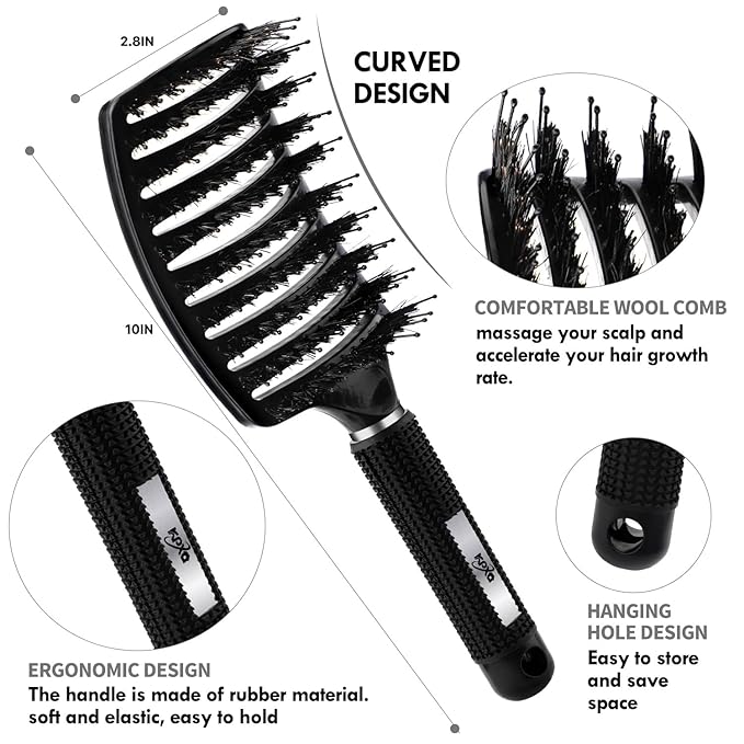 4pcs Curly Hair Brush Set for Adult & Kids Wet or Dry, Detangling Brush for 3/4ABC Hair with Wide Tooth Comb (4, Black)