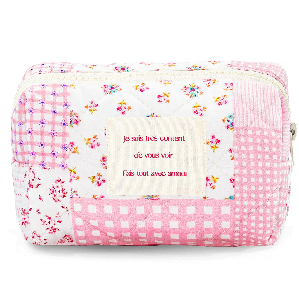 Sminra Small Quilted Makeup Pouch, Floral Cotton Cosmetic Bag for Purse, Cottagecore Zipper Pouch Organizer for Daily Essentials, Soft Mini Toiletry Pouch, Pink Floral-S