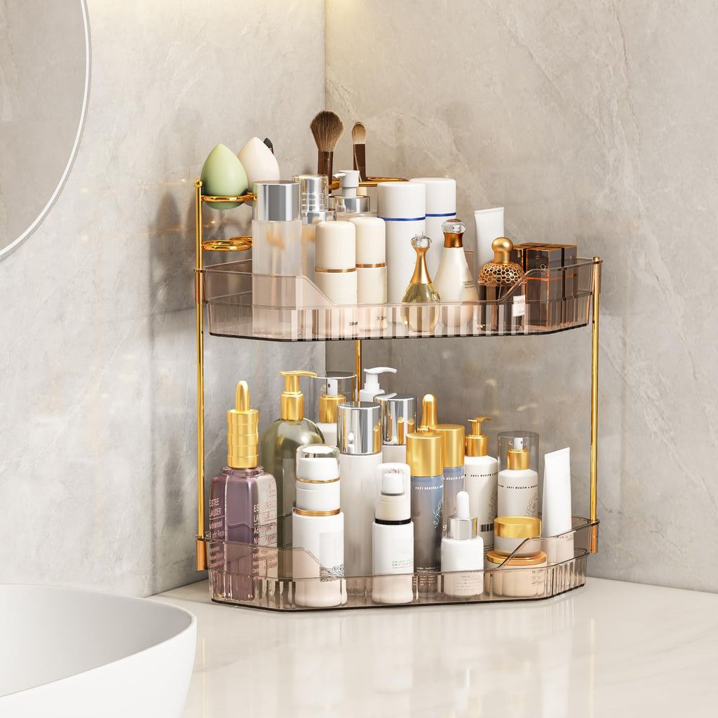 ZZWILLB Corner Bathroom Counter Organizer with Makeup Brush Holder & Toothbrush Holders, Makeup Organizer for Vanity Countertop, Acrylic Skincare Storage Shelf (Amber, 2-Tier)