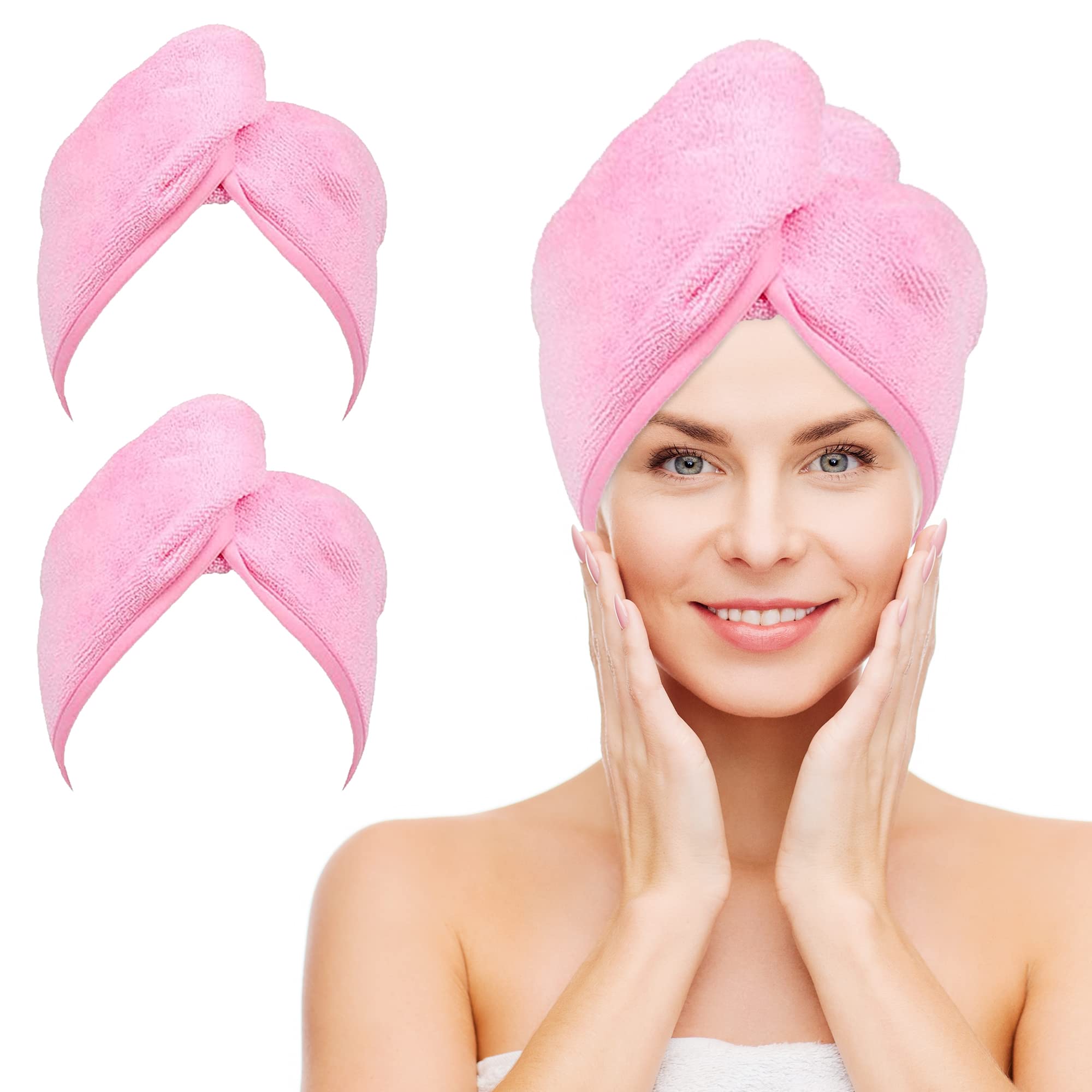 NEXCOVER Hair Towel Microfiber, 2 Pack Pink 9.8 inch X 25.5 inch Hair Wrap,Ultra Absorbent Hair Turbans,Fast Drying Head Towels for Women Wet Hair,Long,Curly,Thick,Frizzy Hair