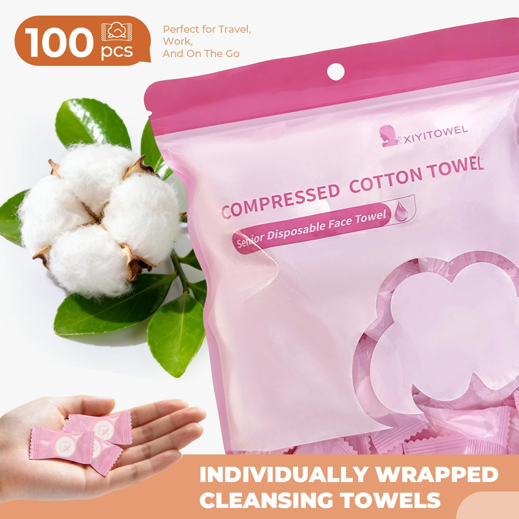 Classycoo Compressed Towel 100 PCS Mini Tablets Disposable Portable Face Towel Cotton Coin Tissue Eco-Friendly for Travel, Camping, Hiking, Sport, Beauty, Home Hand Cloths, Outdoor Activities Pink