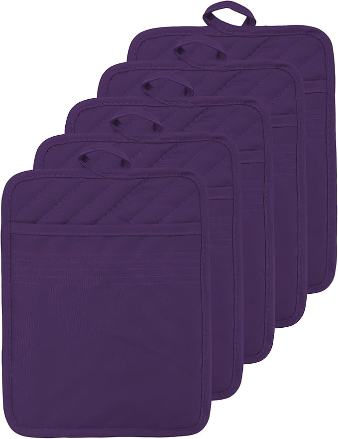 VEIKERY Oven Pot Holder with Pocket Cotton Heat Resistant Coaster Potholder Kitchen Hot Pad Oven Mitts for Cooking Square 7"x9"Set of 5 (Purple)
