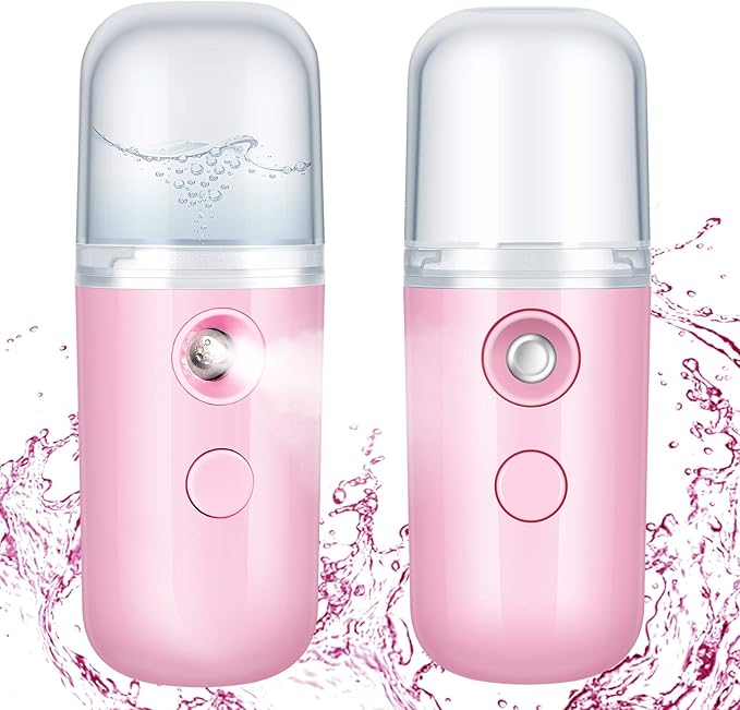 Honoson 2 Pack Nano Facial Mister Spray Bottle Handheld Humidifier Portable Face Mister for Eyelash Extensions USB Rechargeable 1 oz Mini Skin Care Machine for Daily Makeup(Pink)