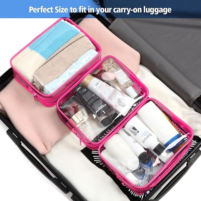 PACKISM Clear Makeup Bag for Travel - TSA Approved Toiletry Bag, Hot Pink