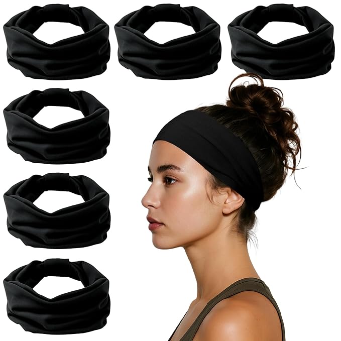 HSEM Headbands for Women, Wide Elastic Head Bands, Non-Slip Thick Hair Bands, Sports Stretchy Sweat Bands, Large Knotted Soft Headband for Washing Face, Makeup, Workout, Spa, Fashion, 6-Pack Black