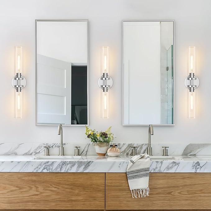 Wall Sconces Set of Two, Chrome Bathroom Sconces Wall Lighting with Clear Glass, Modern Sconces Wall Decor Set of 2 Bathroom Light fixtures for Mirror Living Room Hallway Bedroom