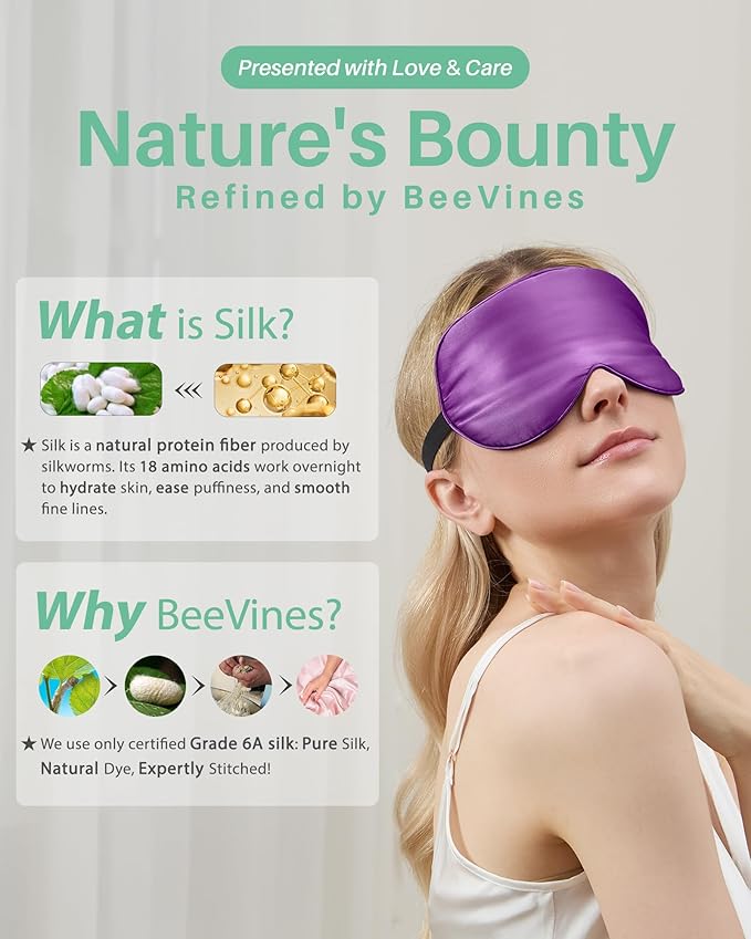 BeeVines 100% Real Mulberry Silk 2 Pack Sleep Mask, Pure Silk Eye Masks with Adjustable Strap for Sleeping, Block Light Eye Shade Cover, Reduces Puffy Eyes Traveling Gifts(Black & Rich Purple)