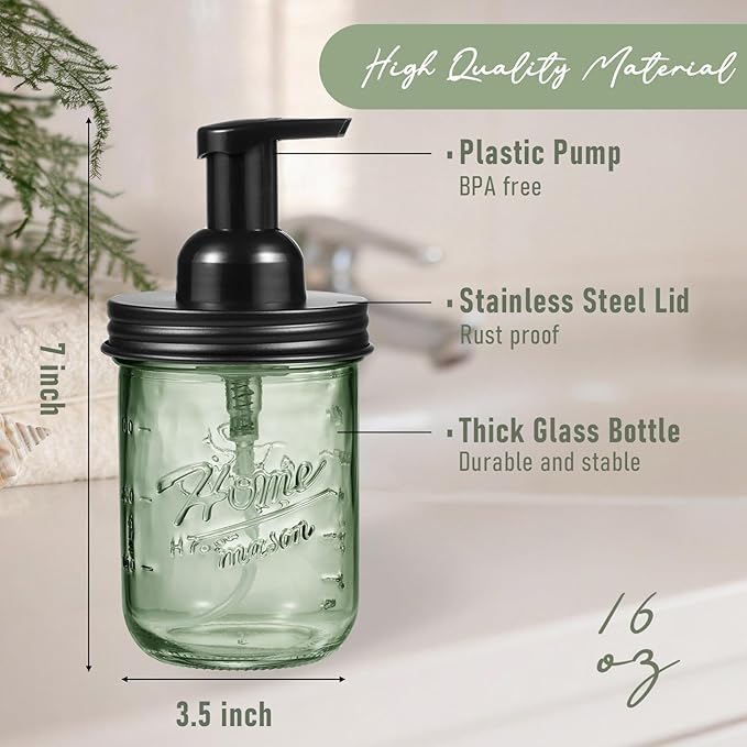 SheeChung Mason Jar Foaming Soap Dispenser, Stainless Steel Lid, BPA Free Pump, Green Glass Foam Hand Soap Dispenser, 16 Oz Refillable Liquid Foam Dispenser Bottle for Bathroom Kitchen-Black, 2 Pack