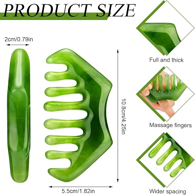 Geiserailie 2 Pcs Jade Combs Esthetician Supplies Massage Stone Hair Gua Sha Scraping Scalp Comb Facial Massage Tool Handheld Head Tools Head Caring Therapy Mother's Day for Women(Dark Green Style)