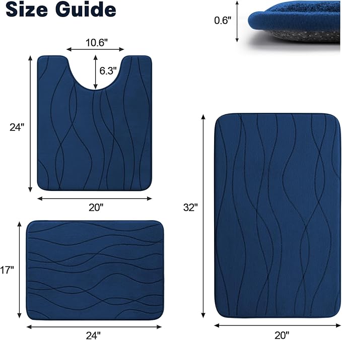 YIHOUSE Bathroom Rugs Set 3 Piece, Memory Foam Bath Mat Navy Blue