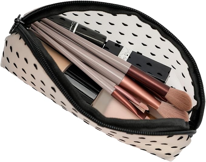 TOPASION Portable Mesh Makeup Bag with Zipper Small Travel Toiletry Bag Lightweight Cosmetic Pouch (Beige&Black Heart Half Round)