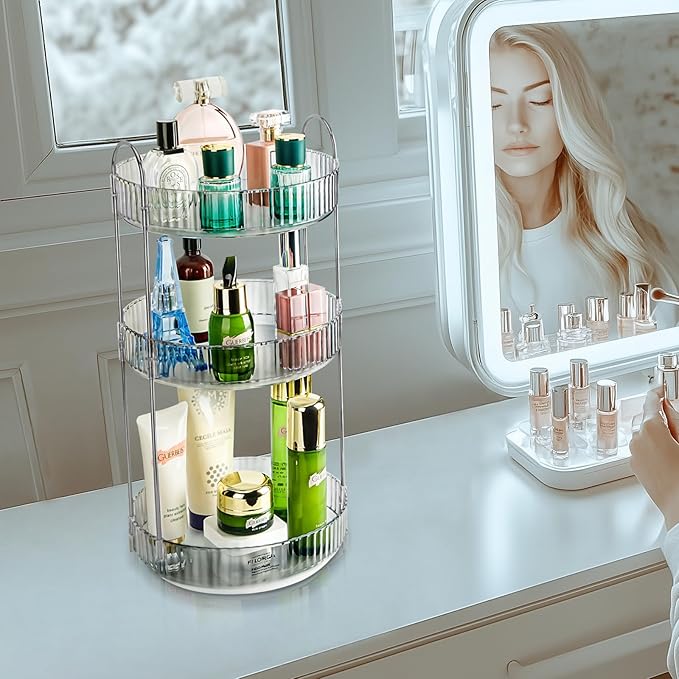 Niluks 360 Rotating Makeup Organizer, 3 Tier Large Capacity Lazy Susan Bathroom Counter Organizer, Skincare Organizers, Spinning Perfume Organizer & Vanity Organizer Countertop (Classic Grey, 3 Tier)