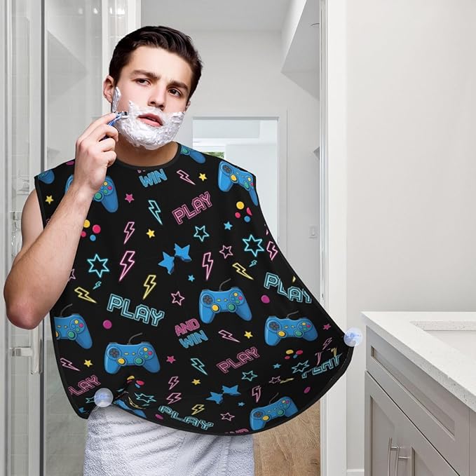 No-Slip Shaving Bib, Beard Grooming Apron with Strong Suction Cups, Video Gamers Video Game Blue