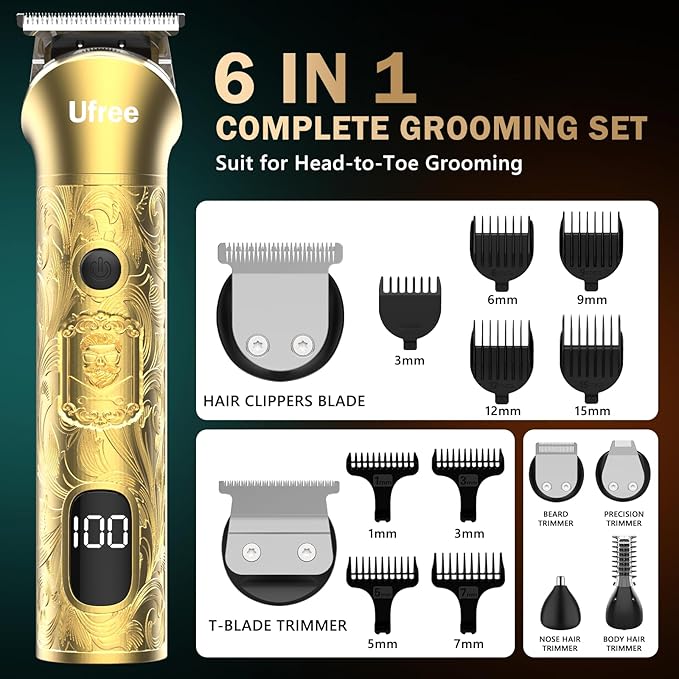 Ufree 8 in 1 Professional Hair Cutting Kit, Hair Clippers for Men, Cordless Clippers and Trimmers Set, Beard Trimmer, Electric Shaver with Rechargeable, Grooming Gifts for Barber & Home Use