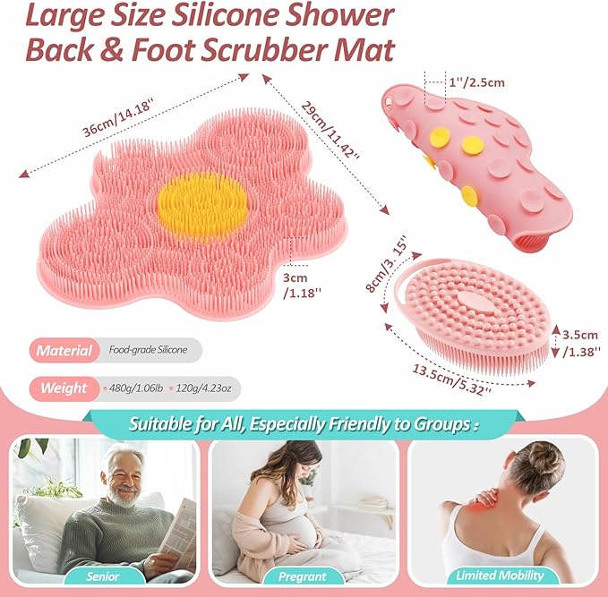 Upgrade Silicone Shower Foot Scrubber Mat & Silicone Bath Brush Set, Large Wall-Mounted Back Scrubber Back Washer to Clean, Exfoliate and Massage Without Bending(Pink+Soft Brush)