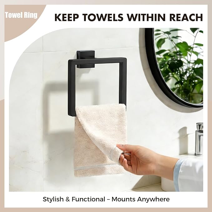 Bathroom Accessories Towel Bar Set: 15 Pieces Matte Black Bathroom Hardware Square SUS304 Stainless Steel - Wall Mounted Towel Rack&Toilet Paper Holder&Towel Ring and Towel Hook