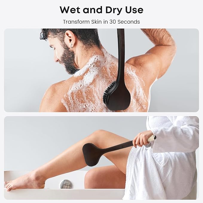 eaxun Bamboo Back Scrubber with Curved Long Handle, 17.3 Inches Exfoliating Shower Brush with Stiff Bristles for Men and Women, Back Washer Body Exfoliator for Bath or Dry Brushing