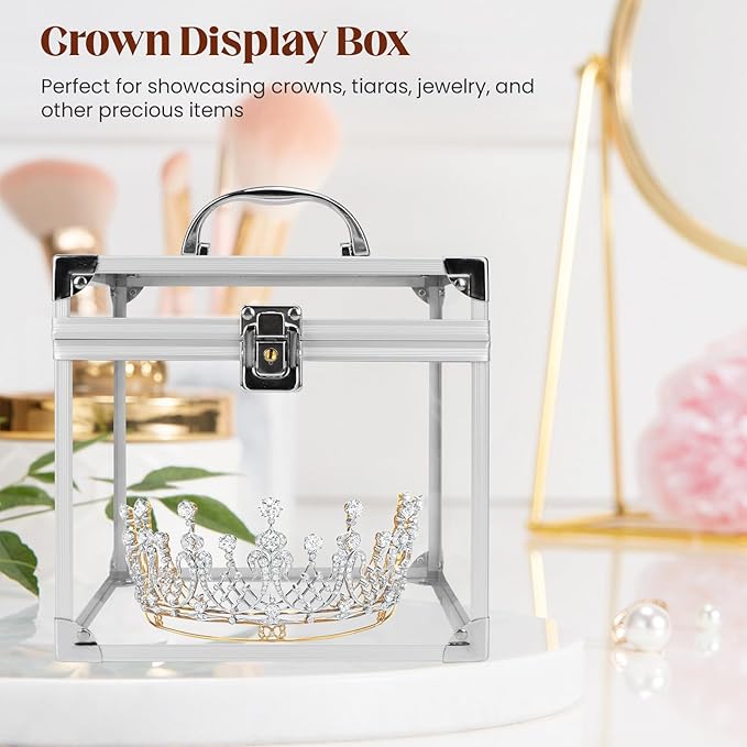 Donghome Crown Box 7.9 x 6.7 x 7.5inch, Clear Makeup Case,Cosmetic Organizer, Large Capacity Transparent Acrylic Artists Display Case for Vanity,Bathroom Counter or Dresser,Silver