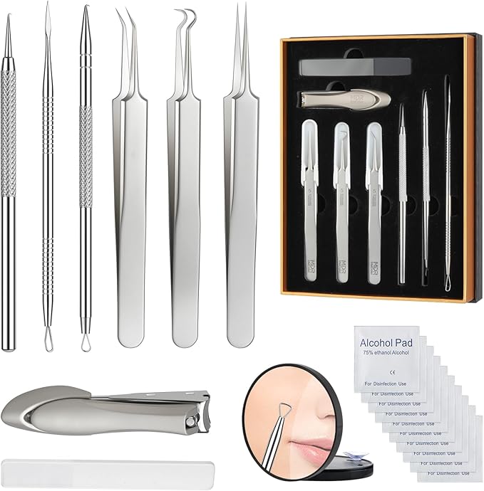 8PCS Professional Salon Grade Blackhead Remover Tool Kit, Comedone Extractor Set for Facial Acne Pimple Blemish Whitehead, Comes with 10X Magnifying Mirror & 20 Alcohol Prep Pads