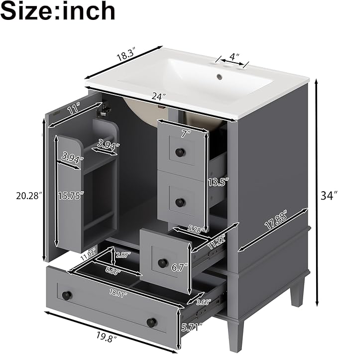 Bellemave 24" Bathroom Vanity with Sink Combo Set, Solid Wood Frame Bathroom Storage Cabinet with 3 Drawers, Soft Closing Cabinet Door with Organizer, Grey
