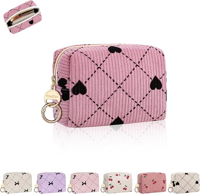 Playexen Mini Cosmetic Bag, Corduroy Small Makeup Bag for Purse, H-Pink