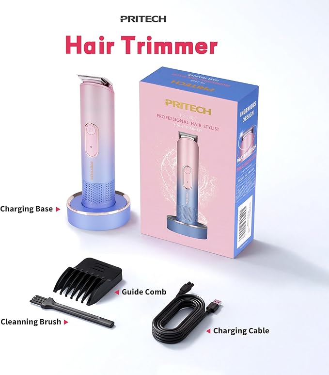 PRITECH Pubic Hair Trimmer Women - Rechargeable Bikini Trimmer for Women Sensitive Skin, Wet & Dry Use, Pain-Free Electric Razor&Shaver with Standing Recharge Dock, Ideal Gift
