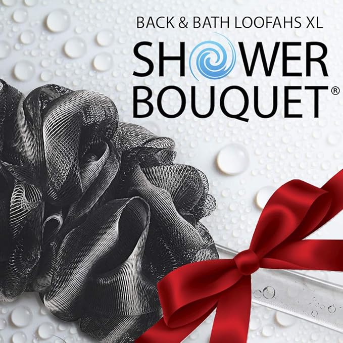 SHOWER BOUQUET Charcoal Back-Loofah-with-Handle & 2 Bath Sponge Puff Set