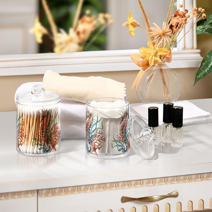 2 Pack Qtip Holder Dispenser for Cotton Ball Seahorse Starfish Watercolor Ocean Cotton Swab Cotton Round Pads Clear Plastic Acrylic Jar Set Bathroom Canister