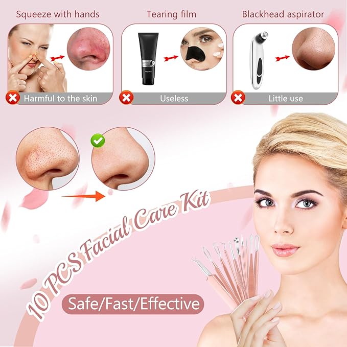 10 PCS Professional Stainless Steel Blackhead Remover,Rose Gold Pimple Popper Tool Kit,Comedones Extractor Tools for Removing Pimple,Whiteheads,Acne,Zit,Fat Granules