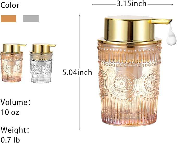 LEICURACE Foaming Hand Soap Dispenser,Glass Foam Soap Dispenser,Refillable Liquid Soap Dispenser,Lotion Dispenser(A4-10-US)