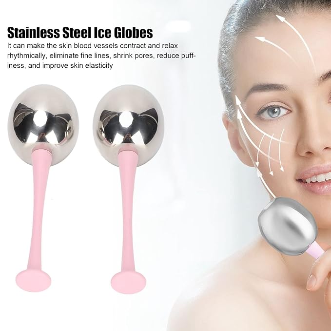 Glomora 2pcs Facial Ice Globes Stainless Steel Facial,Massage Reduce Puffiness Eliminate Fine Lines Ice Globes Cryo Sticks for Skin Care,Targets Dark Circles,Puffiness,Wrinkles (Pink Handle)