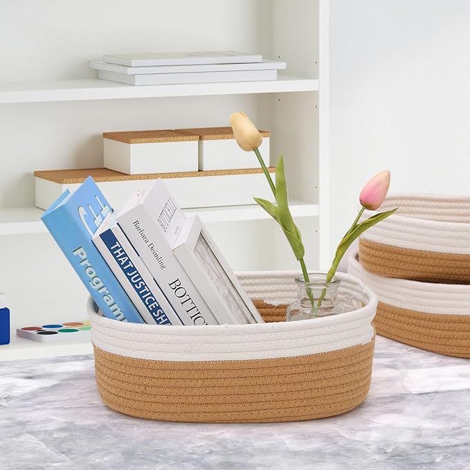 HLWDFLZ 7 Piece Cotton Rope Woven Basket Set - Small Basket for Baby Nursery, Pets, Montessori, Dog & Cat Toy Boxes, Bathroom Organization Bins (White/Jute)