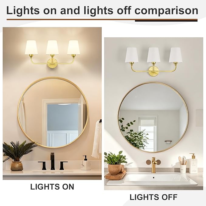 Bathroom Vanity Light, Brushed Gold Bathroom Light Fixtures, 3-Light Lighting Fixtures Over Mirror, Modern Wall Sconce with Flared White Fabric Shade, E26 Socket(ETL Listed)