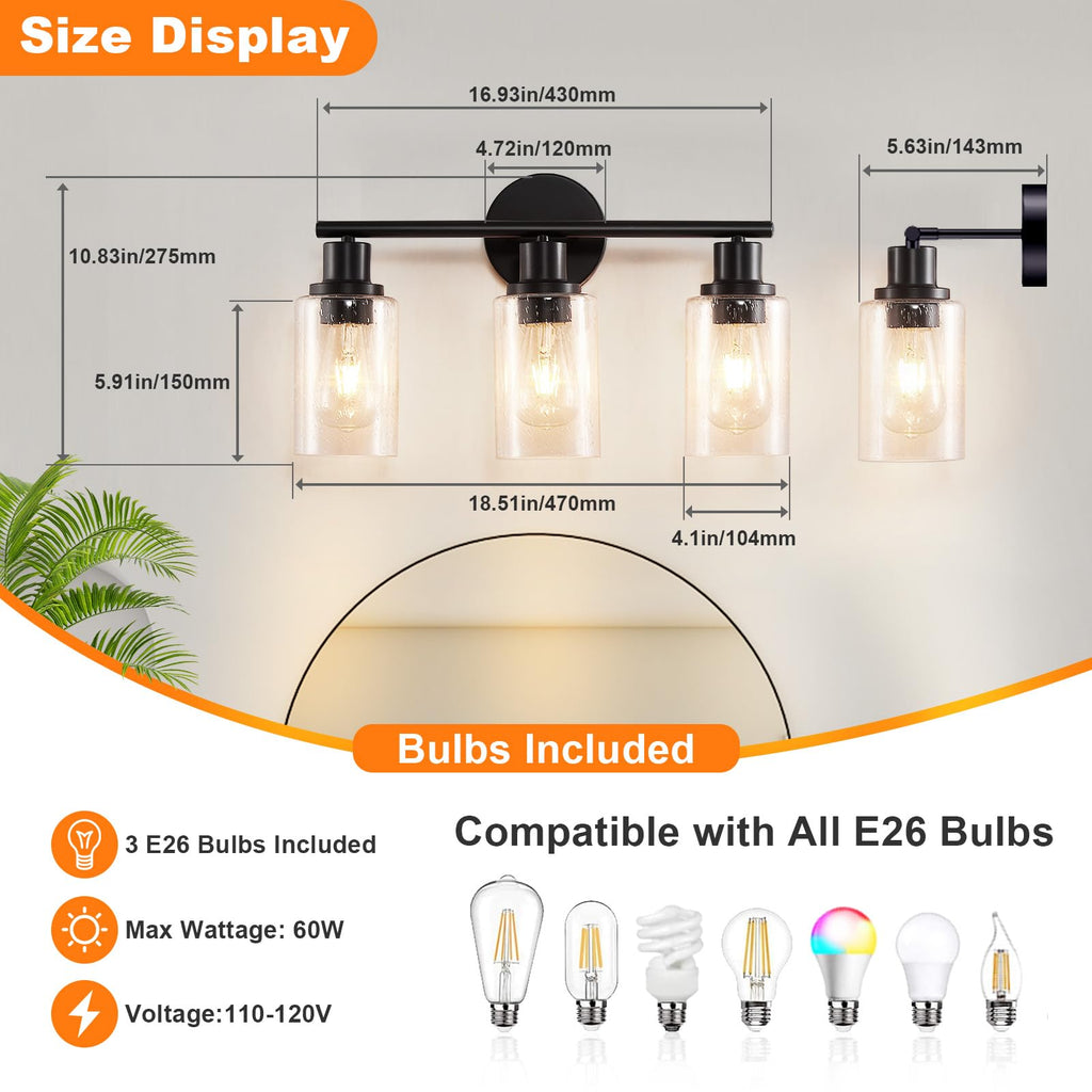 DLLT 3-Light Bathroom Light Fixtures: Black Modern Vanity Lights with 3 E26 Bulbs - Bubbled Glass Shade Bathroom Wall Lamp for Mirror Kitchen Living Room Hallway Cabinet Porch
