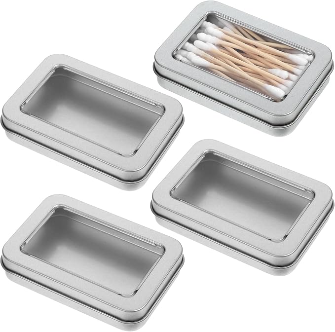 FNANJWQ 4Pcs Travel Cotton Swab Holder, Portable Floss Pick Holder, Metal Cotton Ball Holders for Dental Floss, Clear Dustproof Travel Qtips Case with Lid, Hair Ties Small Items