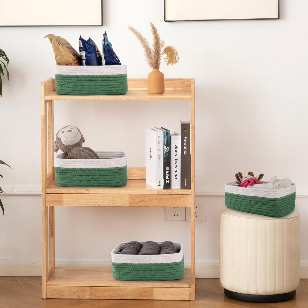 OIAHOMY 4 Pack Storage Baskets for Organizing, Small Bins for Shelves, Cute Decorative Storage Bins, Organizer Baskets for Gifts Empty, 11.8''Lx7.8''Wx4.7''H, Green/White