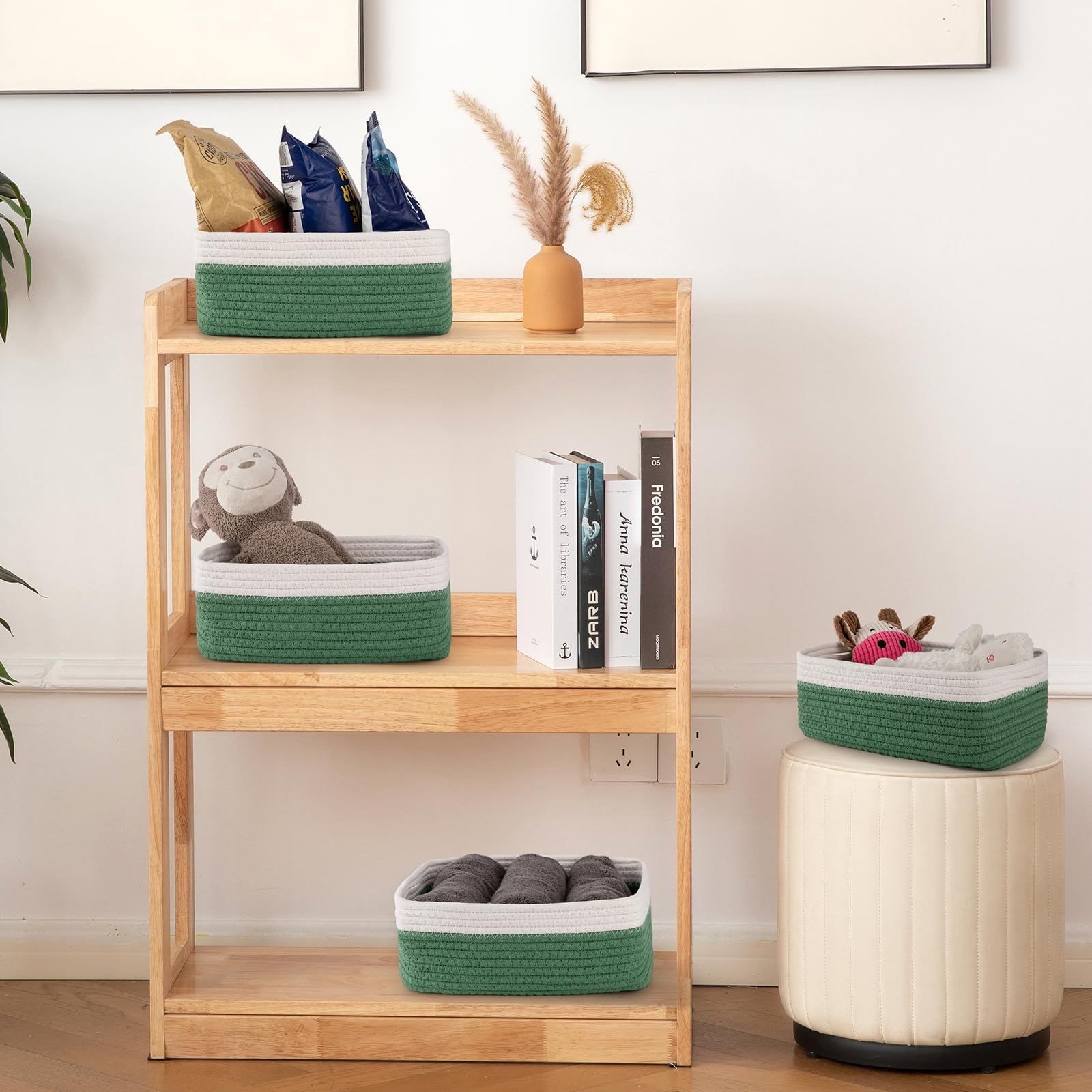 OIAHOMY 4 Pack Storage Baskets for Organizing, Small Bins for Shelves, Cute Decorative Storage Bins, Organizer Baskets for Gifts Empty, 11.8''Lx7.8''Wx4.7''H, Green/White