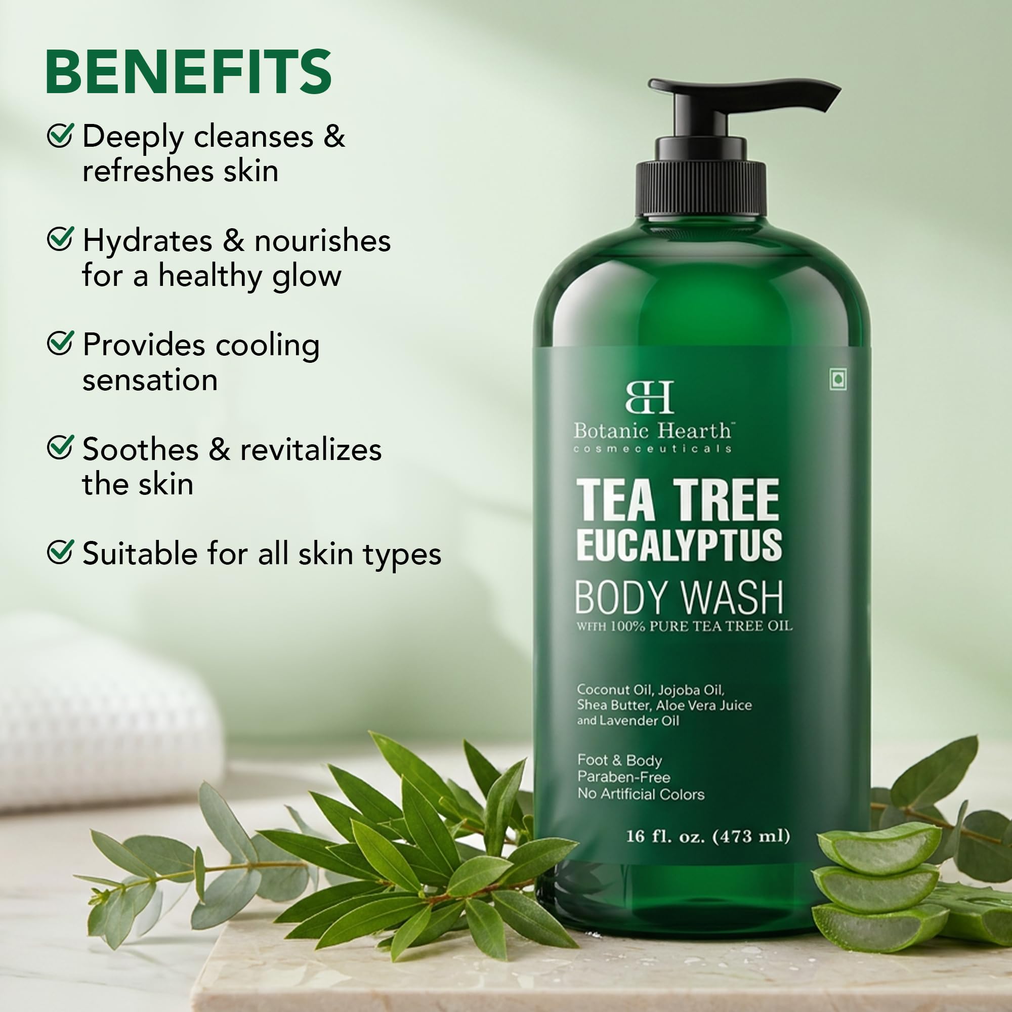 Botanic Hearth Eucalyptus & Tea Tree Body Wash – Refreshing & Invigorating Shower Gel for Men & Women, Helps Soothe Skin, Sulfate & Paraben Free – 16 fl oz