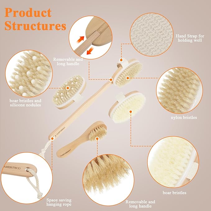SAMEBUTECO 4-in-1 Wood Dry Brush Set with Long Handle, Boar Bristle
