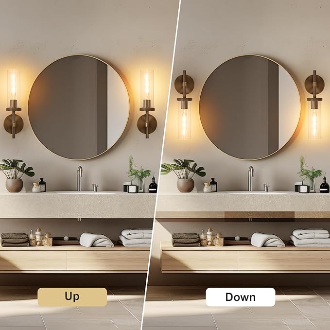 15" Knurled Bronze Hardwired Wall Sconces Set of 2, Bathroom Vanity Light Fixtures with Clear Glass Tube, Modern Lamp Lighting for Bedroom, Living Room, Hallway, Staircase, Mirror, Kitchen