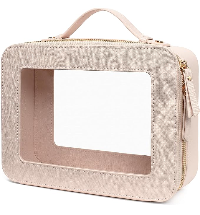 LETGO Clear Makeup Bag Organizer,Travel Toiletry Bag Cosmetic Case for Women,Portable Beach Make Up Skincare Pouch Car Organizer Bag with Zippers for Essentials(Large-Beige)