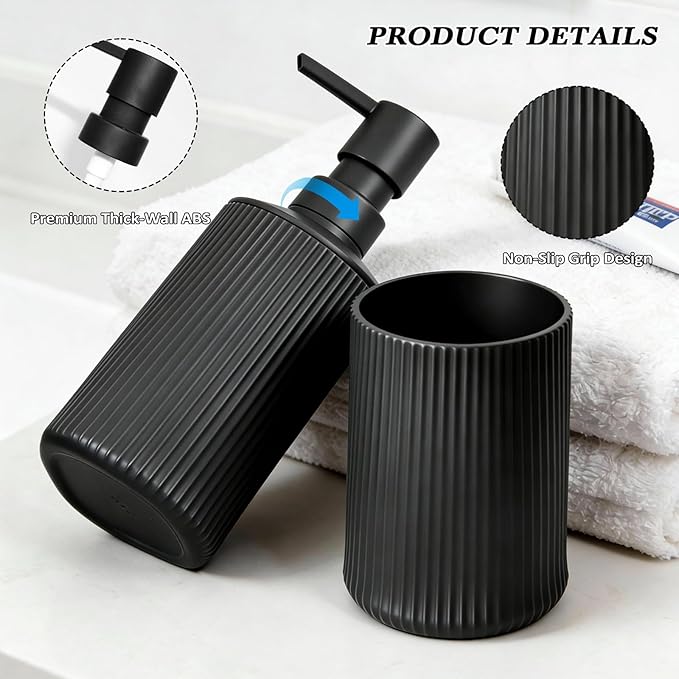 Fooguila Bathroom Set Accessories, Black Soap Dispenser and Toothbrush Holder Complete 2 Piece Plastic Hand Dish Soap Counter Set for Modern Decor