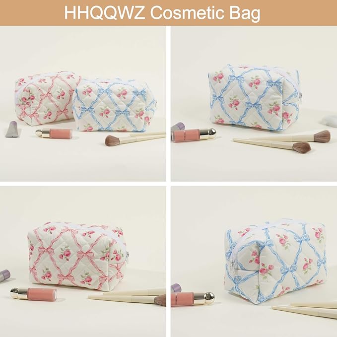 HHQQWZ Makeup Bag Travel Cosmetic Bag for Women Girls, Zipper Make Up Pouch, Floral Flowers Toiletry Organizer Makeup, Portable Storage Bag, Cosmetic Travel Cloth Bag (Pink+Blue Bowknot)