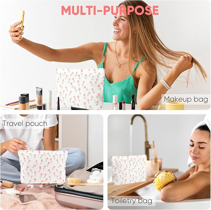 Ksriylm Cute Floral Makeup Pouch for Women Small Make Up Bag for Purse Zipper Initial Makeup Cosmetic Bags Pouches for Purse Aesthetic Travel Toiletry Bags, Pink Rose