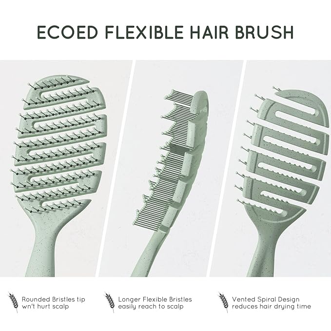 Ecoed Detangler Hairbrush, Soft Bristle Detangling Brush for Straight, Wavy, Curly and Fine Hair, Dry and Wet, Quick Smoothing for Women and Men, Eco-Friendly & Sustainable Material (Green)