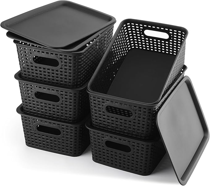 Storage Bins Plastic Storage Baskets With Lid Small Baskets for Organizing Stackable Storage Container Organizer Bins for Shelves Drawers Desktop Playroom Classroom Office, 6 Pack,Black